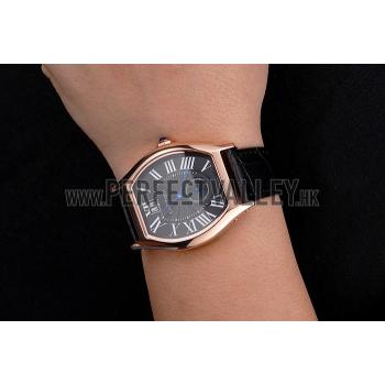 Cartier Tortue Large Date Black Dial Gold Case Black Leather Strap