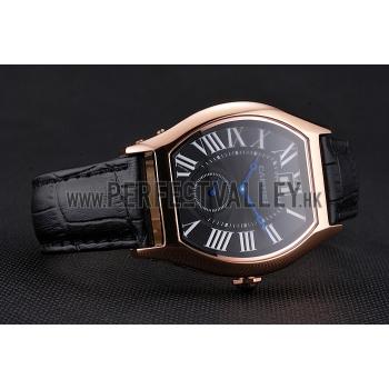 Cartier Tortue Large Date Black Dial Gold Case Black Leather Strap