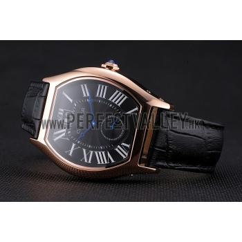 Cartier Tortue Large Date Black Dial Gold Case Black Leather Strap