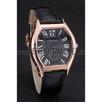 Cartier Tortue Large Date Black Dial Gold Case Black Leather Strap