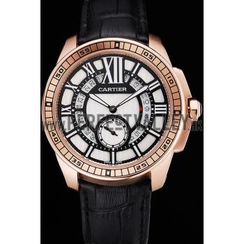 Replica Cartier Calibre De Cartier Small Seconds Black And White Dial Rose Gold Case Black Leather Strap