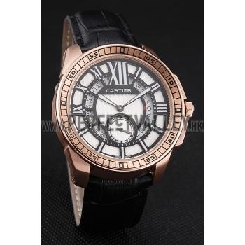 Replica Cartier Calibre De Cartier Small Seconds Black And White Dial Rose Gold Case Black Leather Strap