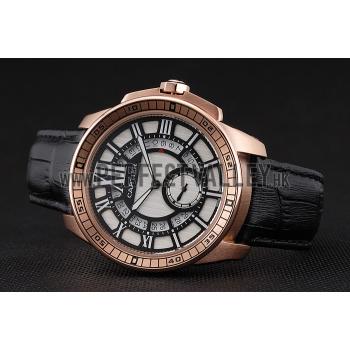 Replica Cartier Calibre De Cartier Small Seconds Black And White Dial Rose Gold Case Black Leather Strap