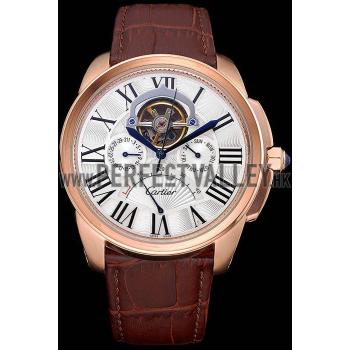 Cheap Cartier Calibre Tourbillon White Dial Gold Case Brown Leather Strap  622753