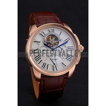 Cheap Cartier Calibre Tourbillon White Dial Gold Case Brown Leather Strap  622753