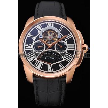 Replica Cartier Calibre Tourbillon Black Dial Gold Case Black Leather Strap  622754