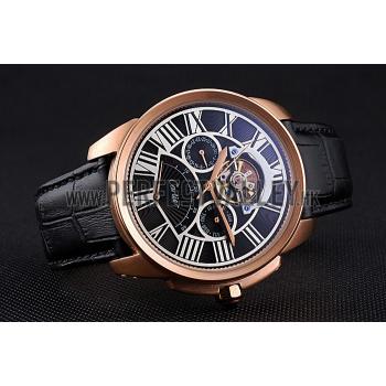 Replica Cartier Calibre Tourbillon Black Dial Gold Case Black Leather Strap  622754