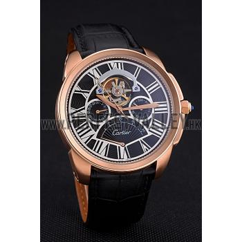 Replica Cartier Calibre Tourbillon Black Dial Gold Case Black Leather Strap  622754