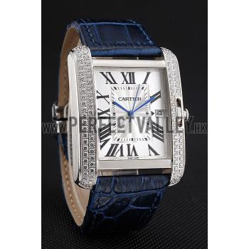 Cartier Tank Anglaise 36mm White Dial Diamonds Steel Case Blue Leather Bracelet