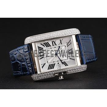 Cartier Tank Anglaise 36mm White Dial Diamonds Steel Case Blue Leather Bracelet