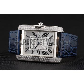 Cartier Tank Anglaise 36mm White Dial Diamonds Steel Case Blue Leather Bracelet