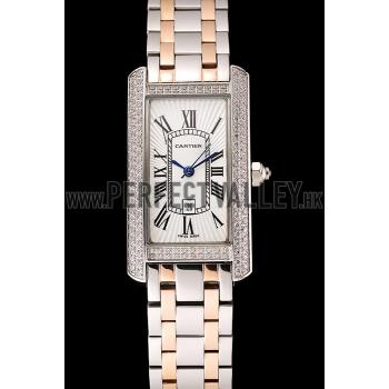 Cartier Tank Americaine White Dial Diamond Bezel Stainless Steel Case Two Tone Bracelet 1453778