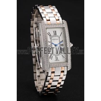 Cartier Tank Americaine White Dial Diamond Bezel Stainless Steel Case Two Tone Bracelet 1453778