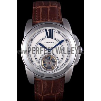 Cartier Calibre Flying Tourbillon White Dial Stainless Steel Case Brown Leather Bracelet