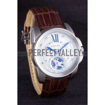 Cartier Calibre Flying Tourbillon White Dial Stainless Steel Case Brown Leather Bracelet