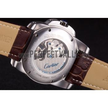 Cartier Calibre Flying Tourbillon White Dial Stainless Steel Case Brown Leather Bracelet