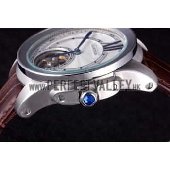 Cartier Calibre Flying Tourbillon White Dial Stainless Steel Case Brown Leather Bracelet