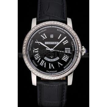 Replica Swiss Cartier Ballon Bleu GMT Silver Dial Stainless Steel Case Black Leather Strap