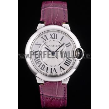 Cartier Ballon Bleu 38mm White Dial Stainless Steel Case Purple Leather Bracelet