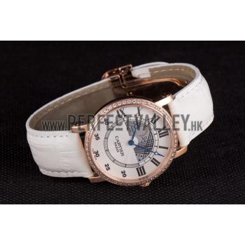 Cartier Moonphase Rose Gold Watch with White Leather Band ct254 621373