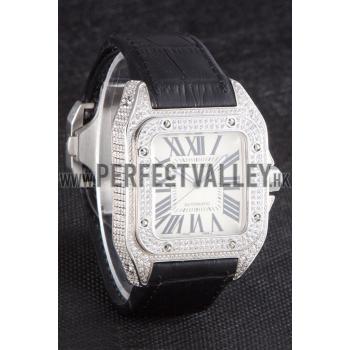 Swiss Cartier Santos Silver Bezel with Diamonds and Black Leather Strap sct47  621531