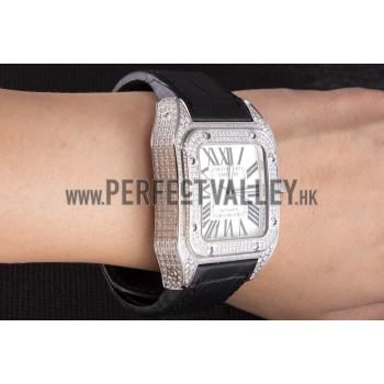 Swiss Cartier Santos Silver Bezel with Diamonds and Black Leather Strap sct47  621531