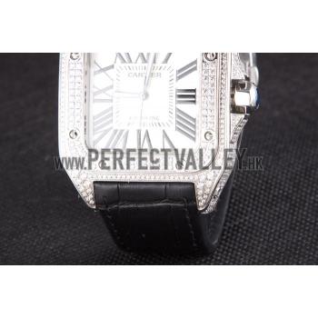 Swiss Cartier Santos Silver Bezel with Diamonds and Black Leather Strap sct47  621531