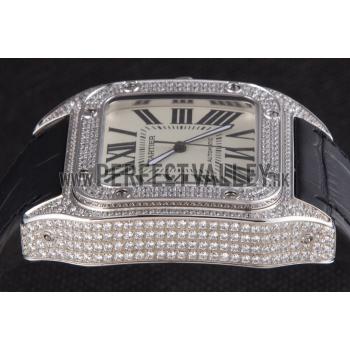 Swiss Cartier Santos Silver Bezel with Diamonds and Black Leather Strap sct47  621531