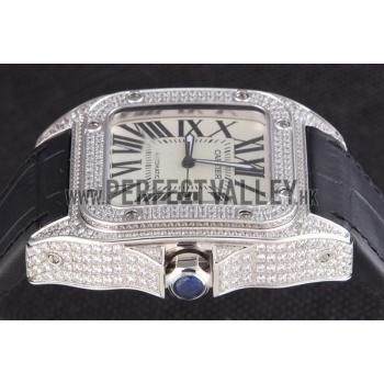 Swiss Cartier Santos Silver Bezel with Diamonds and Black Leather Strap sct47  621531