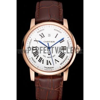 Swiss Cartier Rotonde Annual Calendar White Dial Rose Gold Case Brown Leather Strap