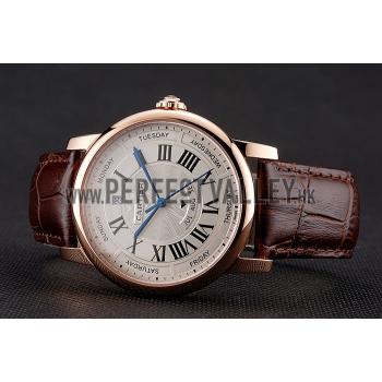 Swiss Cartier Rotonde Annual Calendar White Dial Rose Gold Case Brown Leather Strap