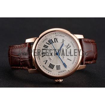 Swiss Cartier Rotonde Annual Calendar White Dial Rose Gold Case Brown Leather Strap