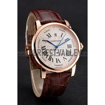 Swiss Cartier Rotonde Annual Calendar White Dial Rose Gold Case Brown Leather Strap