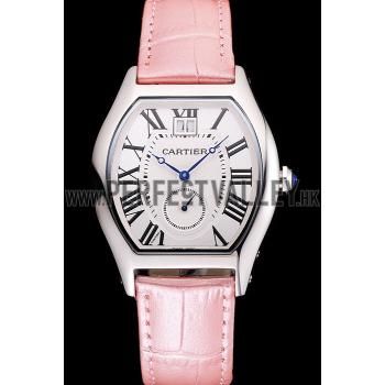 Replica Cartier Tortue Large Date White Dial Stainless Steel Case Pink Leather Strap