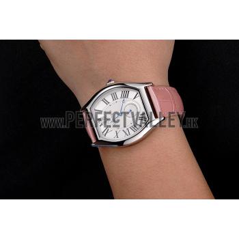 Replica Cartier Tortue Large Date White Dial Stainless Steel Case Pink Leather Strap