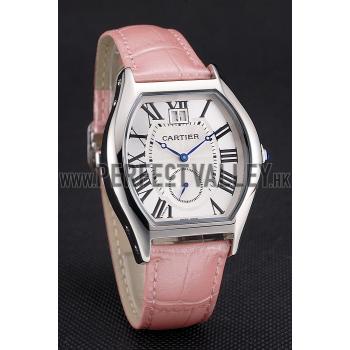 Replica Cartier Tortue Large Date White Dial Stainless Steel Case Pink Leather Strap