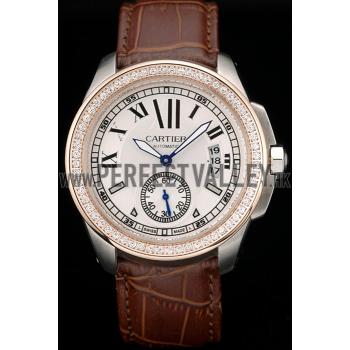 Cartier Calibre White Dial Diamonds Two Tone Case Brown Leather Bracelet