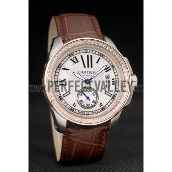 Cartier Calibre White Dial Diamonds Two Tone Case Brown Leather Bracelet