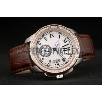 Cartier Calibre White Dial Diamonds Two Tone Case Brown Leather Bracelet