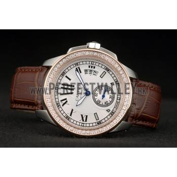 Cartier Calibre White Dial Diamonds Two Tone Case Brown Leather Bracelet