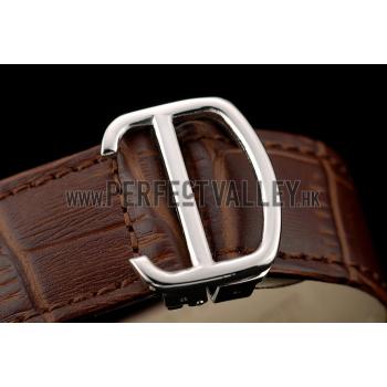 Cartier Calibre White Dial Diamonds Two Tone Case Brown Leather Bracelet