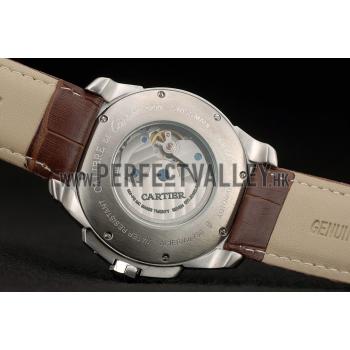 Cartier Calibre White Dial Diamonds Two Tone Case Brown Leather Bracelet