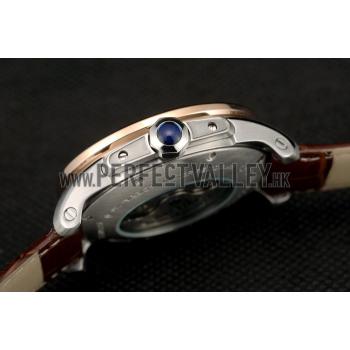 Cartier Calibre White Dial Diamonds Two Tone Case Brown Leather Bracelet