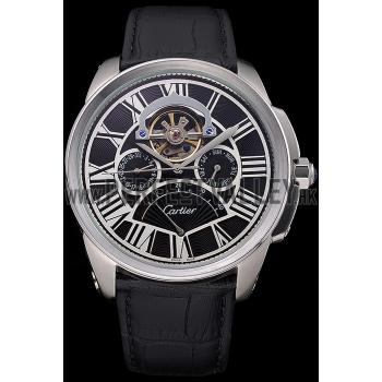 Replica Cartier Calibre Tourbillon Black Dial Stainless Steel Case Black Leather Strap  622752