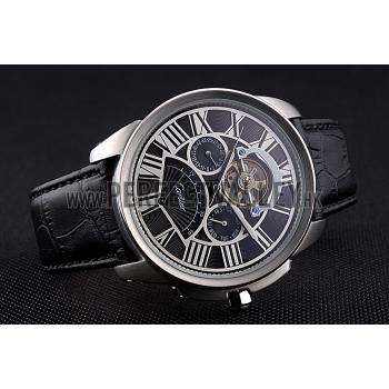 Replica Cartier Calibre Tourbillon Black Dial Stainless Steel Case Black Leather Strap  622752