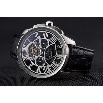 Replica Cartier Calibre Tourbillon Black Dial Stainless Steel Case Black Leather Strap  622752