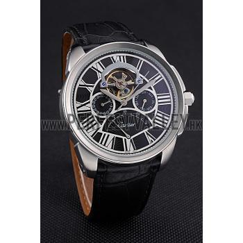 Replica Cartier Calibre Tourbillon Black Dial Stainless Steel Case Black Leather Strap  622752