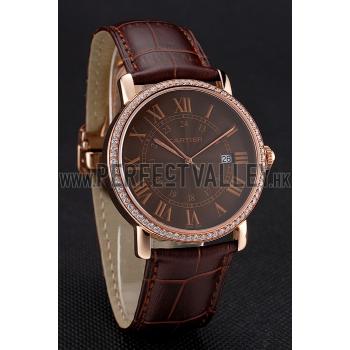 Cartier Ronde Solo Brown Dial Diamond Bezel Rose Gold Case Brown Leather Strap