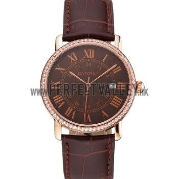 Cartier Ronde Solo Brown Dial Diamond Bezel Rose Gold Case Brown Leather Strap