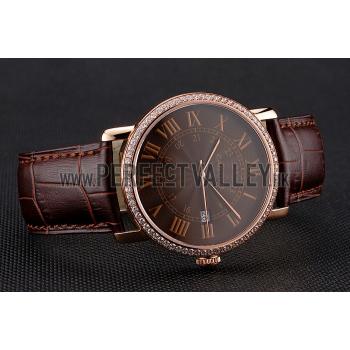 Cartier Ronde Solo Brown Dial Diamond Bezel Rose Gold Case Brown Leather Strap